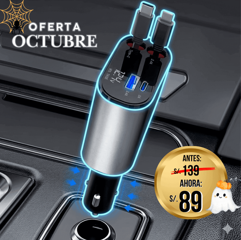 Cargador de Auto 4-en-1 — 120W | Cable Retráctil + 2 USB