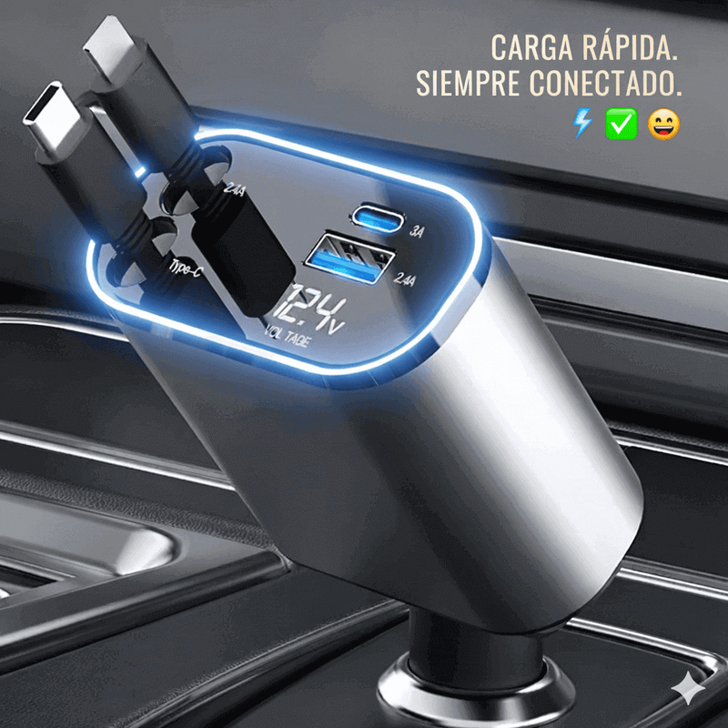 Cargador de Auto 4-en-1 — 120W | Cable Retráctil + 2 USB